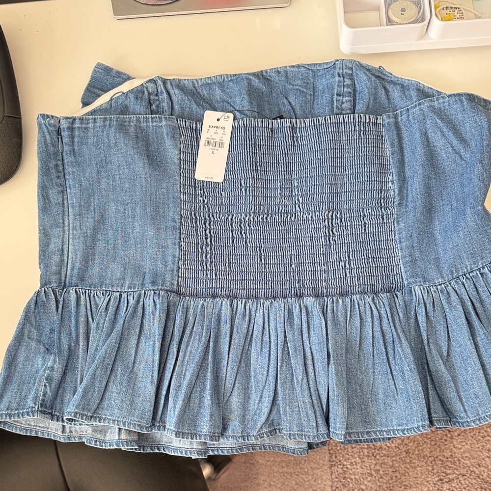 Express Blue Ruffle Denim Top - Picture 2 of 3